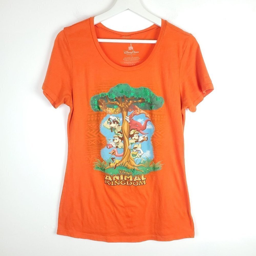 Disney Animal Kingdom‎ L Fitted Orange T-shirt Tee Tree Metallic